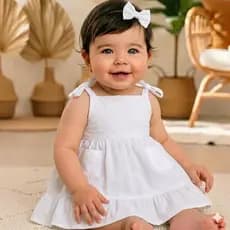 Vestido Bebê Feminino Branco Delicado Laíse + Tricoline | Com Bolsos | 1 a 2 Anos