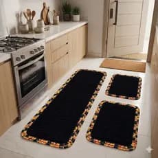 Kit Tapete Cozinha 3 Peças Artesanal Preguinhas Preto Passadeira 140x45cm + 2 Tapetes 70x45cm