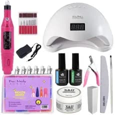 Kit Alongamento Unha Gel Cabine Sun 5, Lixadeira Motor Caneta, Molde F1, Gel X&D, Top Coat e Primer