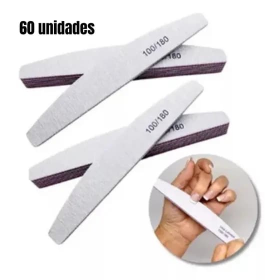 Kit 60 Lixas de Unha Bumerangue Lavável 100/180 Boomerang Banana Alongamento Gel Fibra