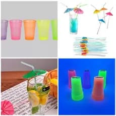 Kit Festa Tropical com 36 Canudos 24 Palitos Frutas e 30 Copos Neon Festas