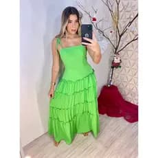 vestido em viscolinho babado decore reto camadas longo zíper nas costas viscolinho