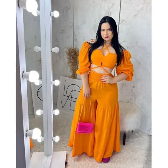 Conjunto feminino em viscolinho 3 marias wide leg camadas amarração vazado pantalona over cintura lastex