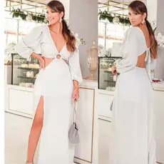 Vestido longo argola forrado balada formatura festas casamento luxo brilho fenda decote