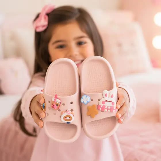 Chinelo Slide Infantil Kawaii Cute com Charms Pingentes Decorativos Super Leve Antiderrapante Confortável Macio