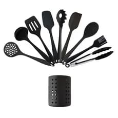 Kit Utensílios de Silicone Inteiriço 9 Peças + Suporte Em Aço Inox Preto para Cozinha Linha Premium Escumadeira Espatula