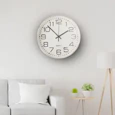 Relógio de Parede Redondo Prateado Branco Cromado 30x30cm Quartz Silencioso Moderno Decorativo