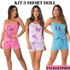 Kit 3 PIJAMA MALHA Baby Doll de Dormir Short Doll Verão de Alça Conforto