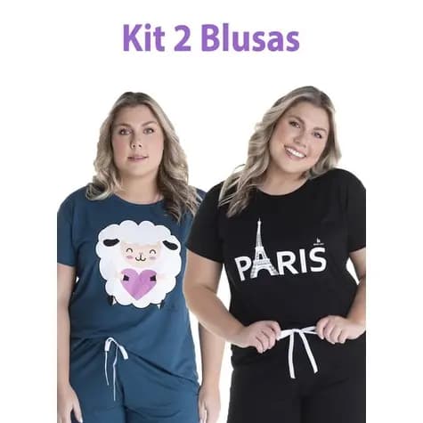 Kit 2 Blusas Femininas Plus Size Manga Curta 100% Algodão G1 ao G6 Confortável