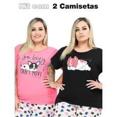 Kit com 2 Blusas Manga Curta Plus Size Curve em Malha 100% Algodão