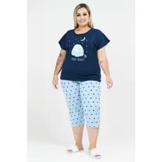 Pijama Feminino Pescador Plus Size de Algodão Good Night Marinho Bolinhas