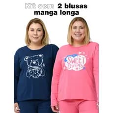 Kit com 2 Blusas Feminina Plus Size Curve Manga Longa 100% Algodão - Cores e Estampas Sortidas