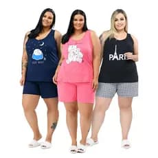 Kit 3 Conjuntos Pijama Regata de Algodão Plus Size G1 ao G6 Modelagem Ampla Envio Imediato