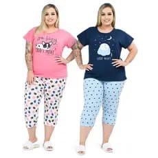 Kit 2 Pijamas Feminino Plus Size Pescador 100% Algodão Modelagem Ampla Confortável G1 ao G6 Envio Imediato
