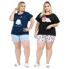 Kit 2 Pijamas Manga Curta Feminino Plus Size Modelagem Ampla Algodão Premium Confortável