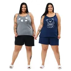 Kit 2 Pijamas Feminino Plus Size Curve Alcinha 100% Algodão Verão Confortável G1 ao G6 Envio Imediato