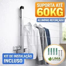 Varal Retrátil Dobrável de Parede Alumínio 4 fios de aço encapado Lavanderia Resistente Ate 60kg