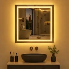 Espelho Decorativo Led Quadrado Jateado Lançamento com botao Touch 50x50 Embalagem em Madeira