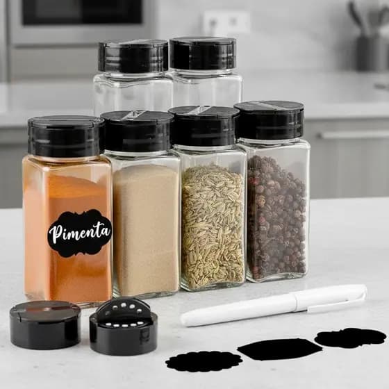 Potes Tempero De Vidro 120ml com Tampa Dosadora Dupla, Etiquetas e Caneta