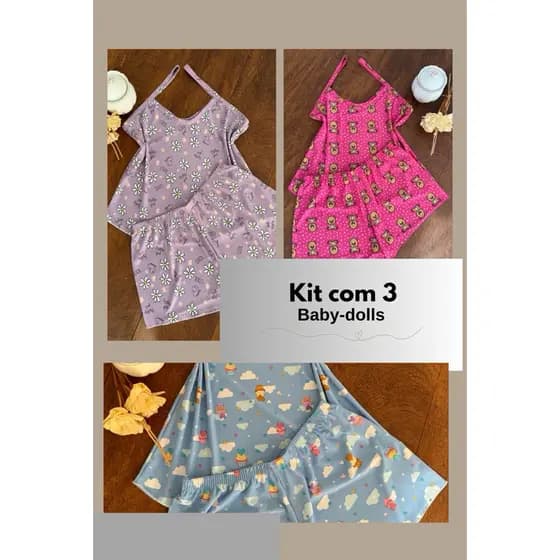 Kit 3 Pijamas Malha fria Adultos Femininos Baby Doll liganete