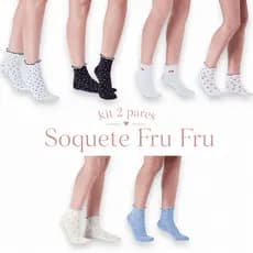 Kit 2 pares Meia Fru Fru Feminina Soquete - 34 a 39  Bordado Algodão Elegante Meinha Barra Delicado