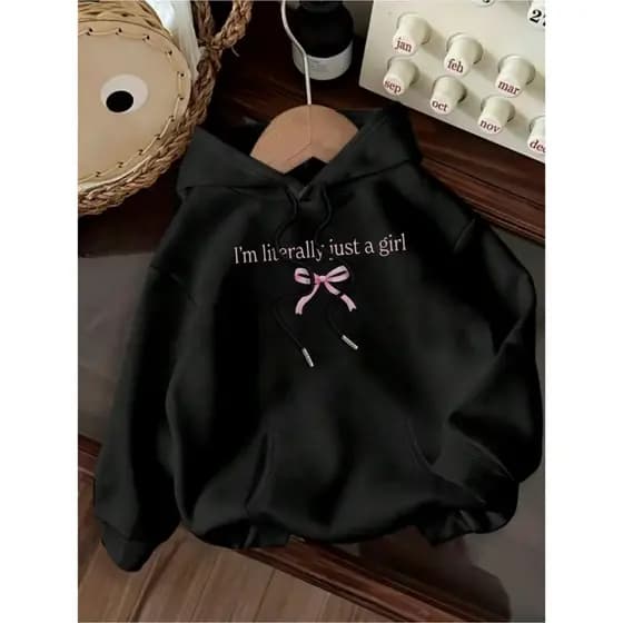 Moletom feminino com capuz e estampa de letras Moletom casual com cordão e bolso Laço Justa A Girl