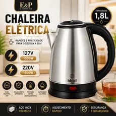Chaleira Jarra Elétrica Inox 1,8L 1000W 127V /1500W 220V Desligamento Automático Fácil Limpeza,