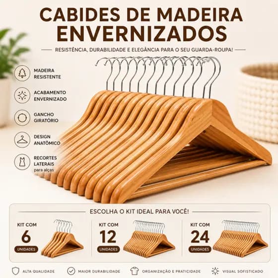 Cabides de Madeira Envernizados Premium Kit Cabides 6, 12 e 24 Reforçados Gancho Giratório