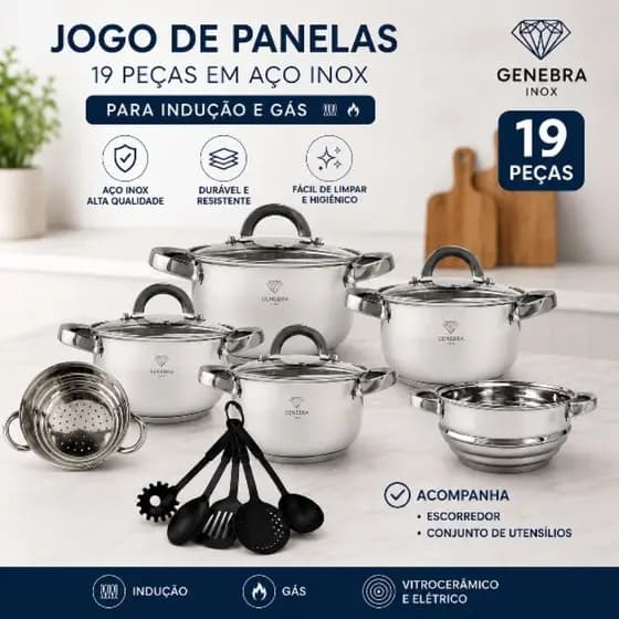 Jogo de Panelas 19 Peças em Aço Inox Genebra P/ Indução e Gás + Acessórios Inox de luxo.