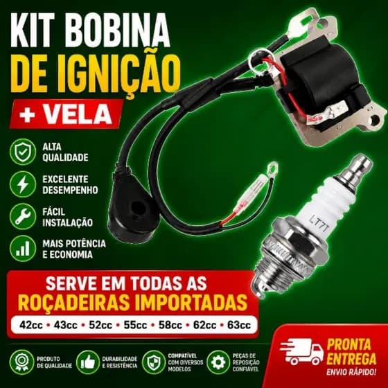 Kit Bobina Ignição Roçadeiras42/43/55/58/62/63cc + Vela Para Roçadeiras