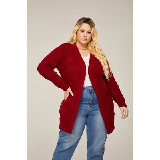 Casaco Feminino Plus Size de Outono Inverno Frio Tricot Alongado Texturizado Manga Longa Casual