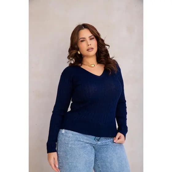 Blusa Feminina Plus Size em Tricot com Trança Gola V Manga Longa Casual Outono Inverno Frio