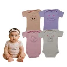 Kit 4 Bodies Bordados Bebê Manga Curta – Suedine 100% Algodão Unissex Menino Menina