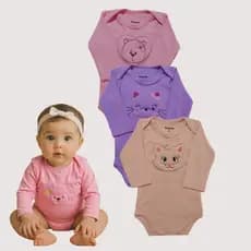 Bodys bebê bordados 3D - 4 Peças - manga longa - Suedine 100% Algodão - Menina - Menino - unissex