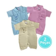 kit 2 Peças Macaquinho Banho de Sol para Bebê, Macacão curto Estampas de Bichinhos, Tecido Suedine, Menina, Neutro e Menino.
