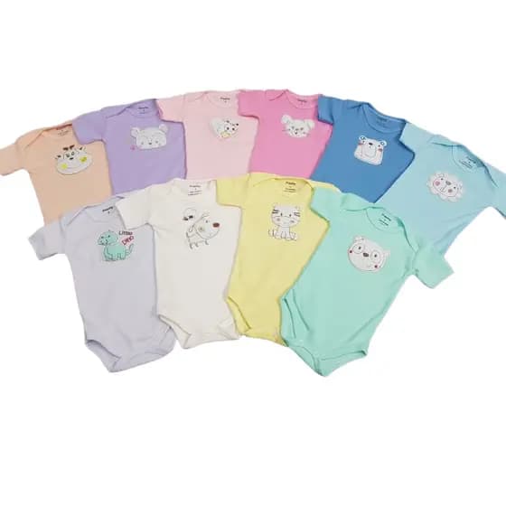 Body Bordado De Bebê Manga Curta Infantil Cores Lisas Menino Menina Estampas de Bichinhos