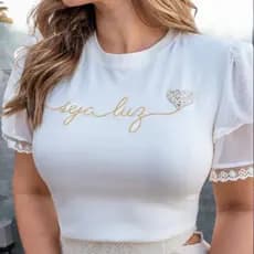 Blusa Feminina Seja Luz Manga Dupla de Tule/Renda Com Bordado Computadorizado Blusinha Camisa Tshirt