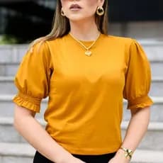 Tshirt Blusa Feminina Básica Manga bufante de Lastex 100% Algodão  Blusinha  Manga Estilosa Casual
