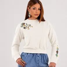 Moletom Feminino Bordado Blusa de Frio Estiloso Casaco Agasalho Gola Careca Moda Streetwear