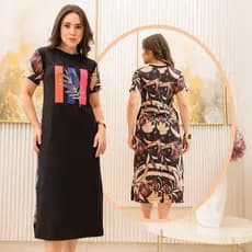 Vestido Midi Moda Evangelica Fenda Lateral Elegante Moda Casual Animal/Estampa Print Soltinho