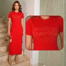 Vestido Longo Feminino Maxi Premium Fenda Lateral  Gola Redonda Strass Brilho Festa Elegante Casual
