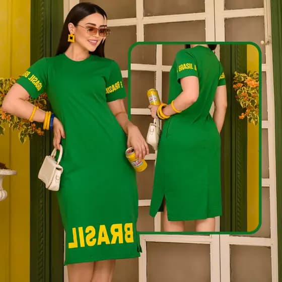 Vestido Midi Brasil Bandeira Brasileira Silk Verde Amarelo Fenda Lateral Elegante Casual Soltinho
