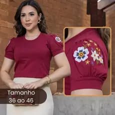 Blusa Feminina Manga Bufante Bordada T-Shirt LUXO