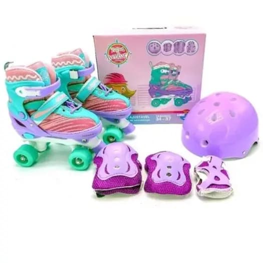 Patins Infantil 4 Rodas Quad  Verde Rosa Ajustavel  C/ Kit Proteção