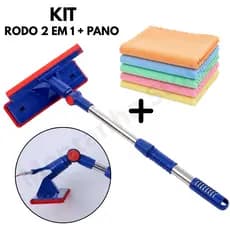 KIT Rodo Limpa Vidro e Janela Mágico 2 em 1 + Pano Microfibra Limpeza 29x29cm Absorvente Multiuso