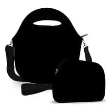 Kit Lancheira Marmiteira Marmita Neoprene Com Necessaire Porta Objetos Preto Liso Ideal Para o Dia Dia