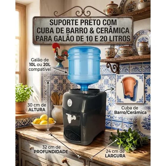 Suporte De Galão Preto Black Com Cuba De Barro Água Fresca Bebedouro