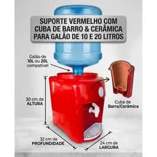 Bebedouro Suporte Para Galão de 10 E 20 Litros Cor Vermelho com Cuba de Barro