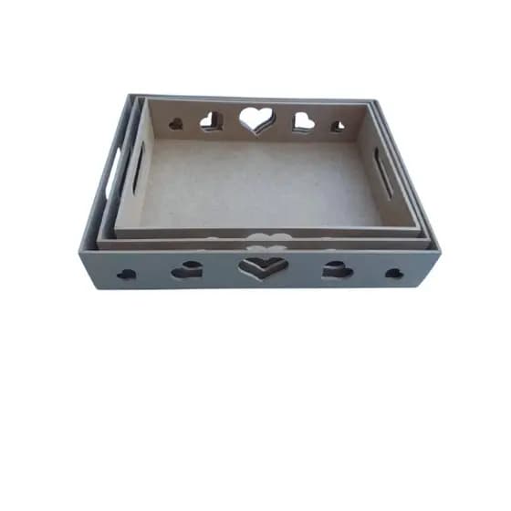 Trio de bandeja coração retangular 3mm em Mdf Cru