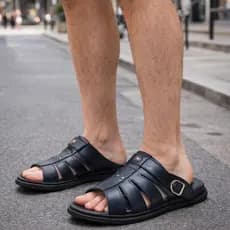 Chinelo Sandália masculina Ortopédica Confortável em couro legítimo com Alça Girátória